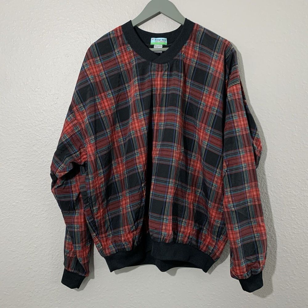 Winner Mate‎ Golf Collection Men's Red Plaid B-Neck Windbreaker size XL VINTAGE